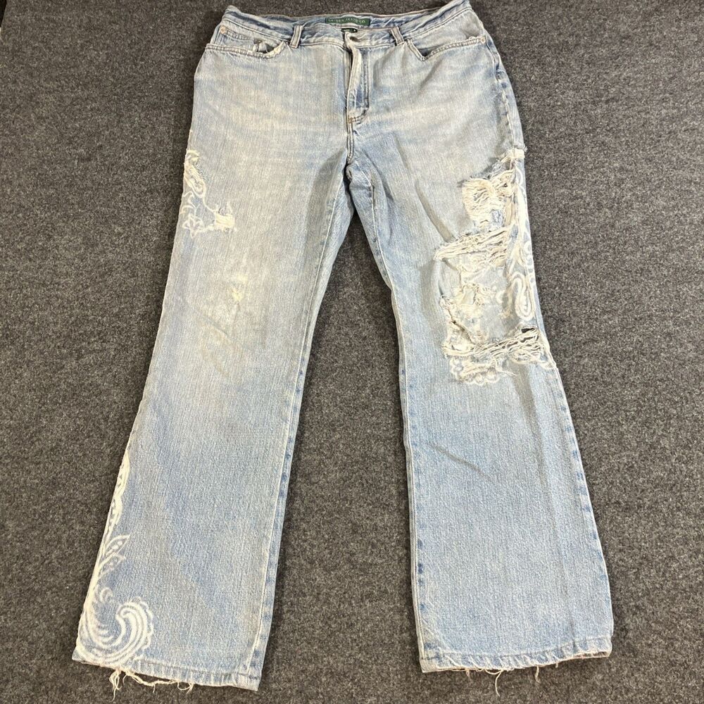 VTG Lauren Jeans Co Ralph Lauren Paisley Printed Distressed Flare Jeans W Sz12